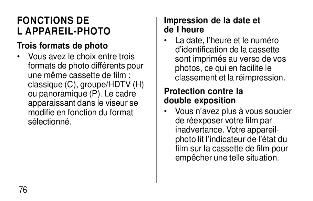 Kodak F620 Zoom manual Fonctions DE ’APPAREIL-PHOTO, Trois formats de photo, Impression de la date et de l’heure 