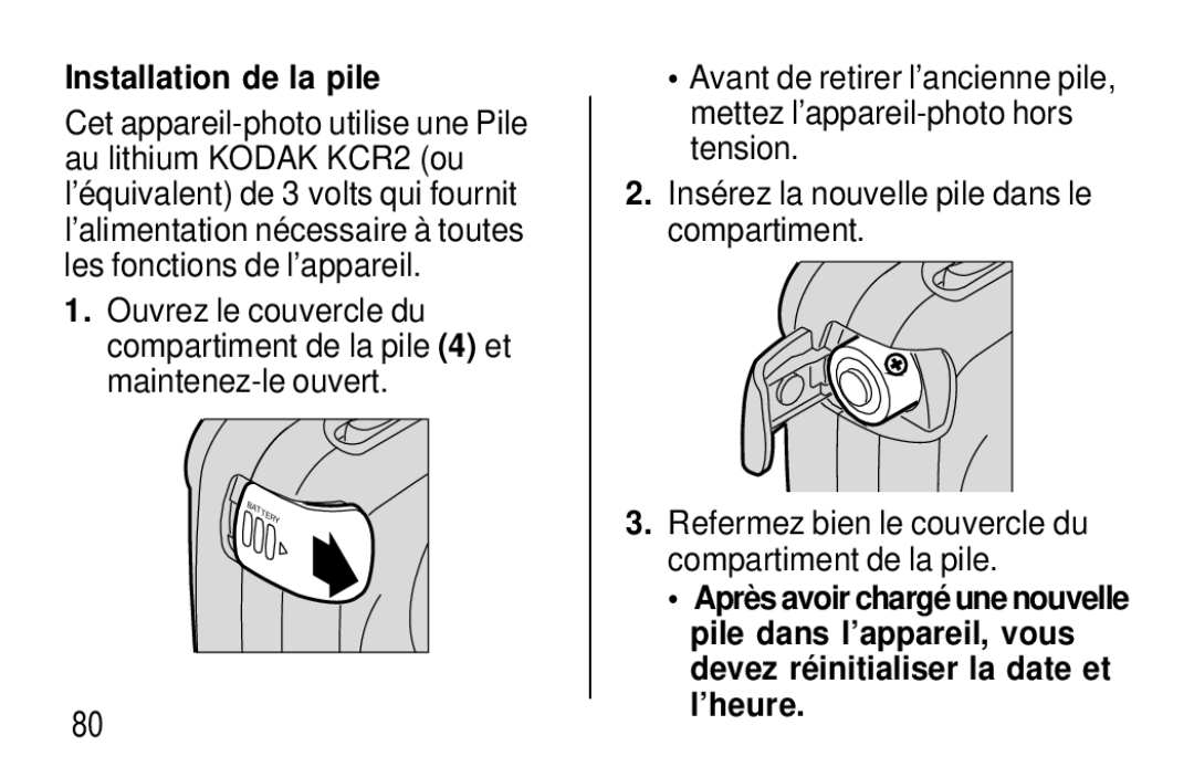 Kodak F620 Zoom manual Installation de la pile 