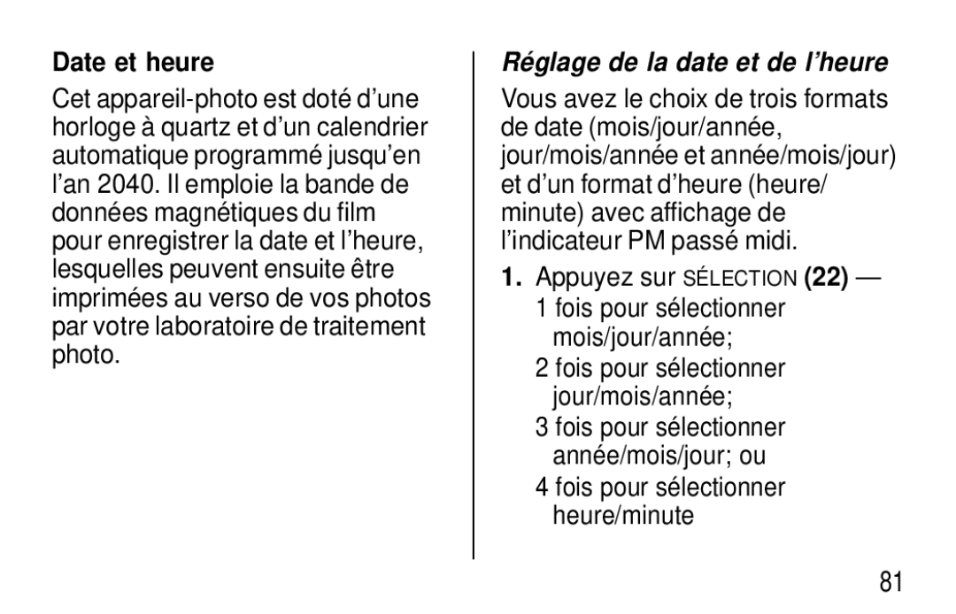 Kodak F620 Zoom manual Date et heure, Appuyez sur SÉ Lection 