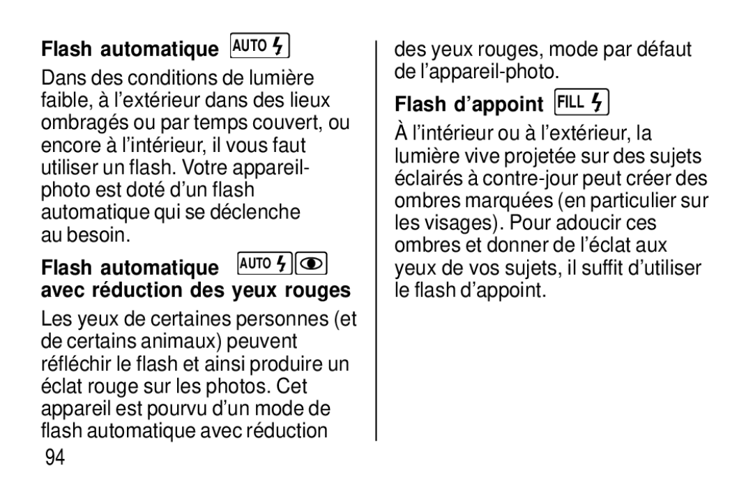 Kodak F620 Zoom manual Flash automatique Auto, Au besoin, Flash d’appoint Fill 