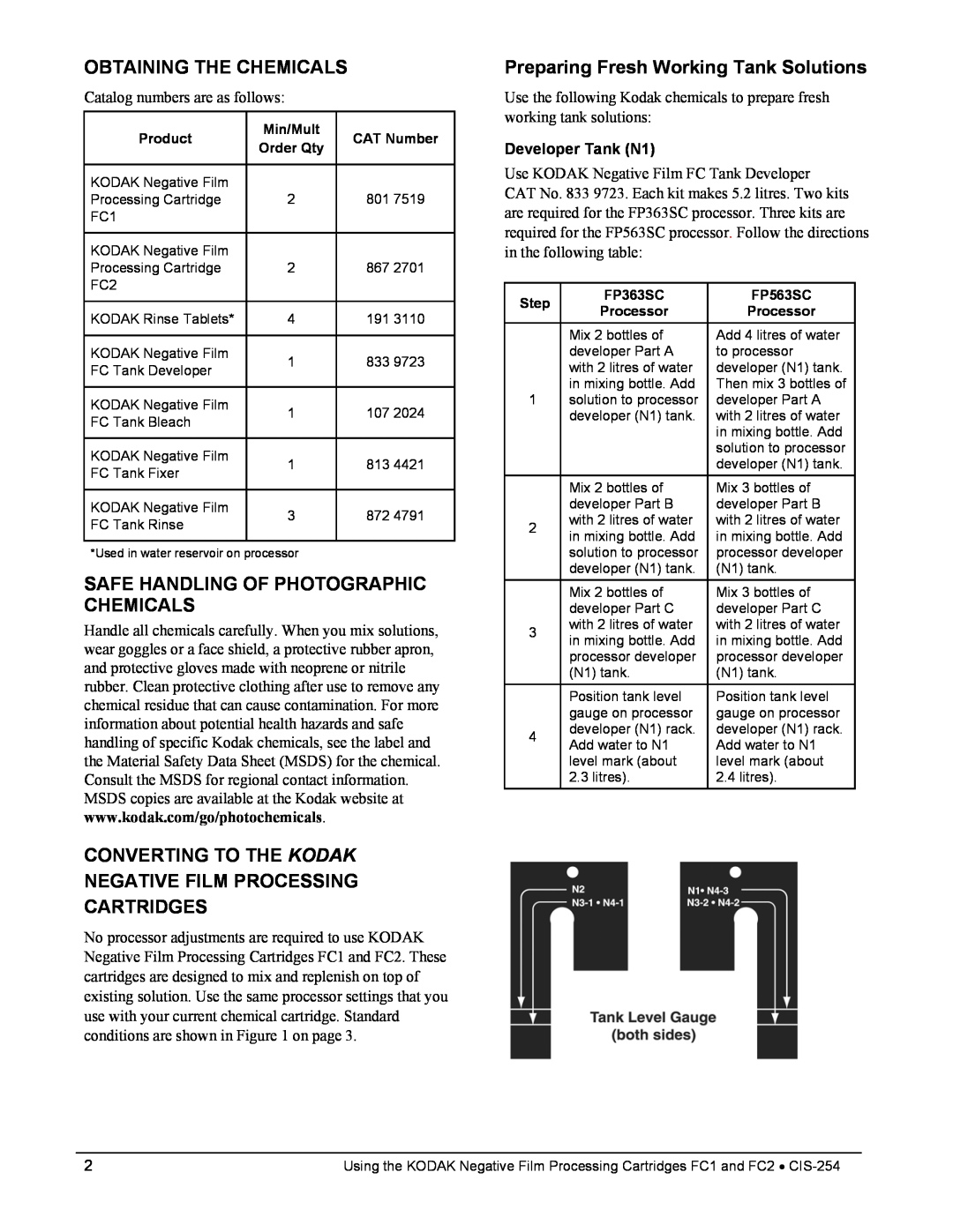 Kodak FC1, FC2 manual Obtaining The Chemicals, Safe Handling Of Photographic Chemicals, Cartridges, Developer Tank N1 