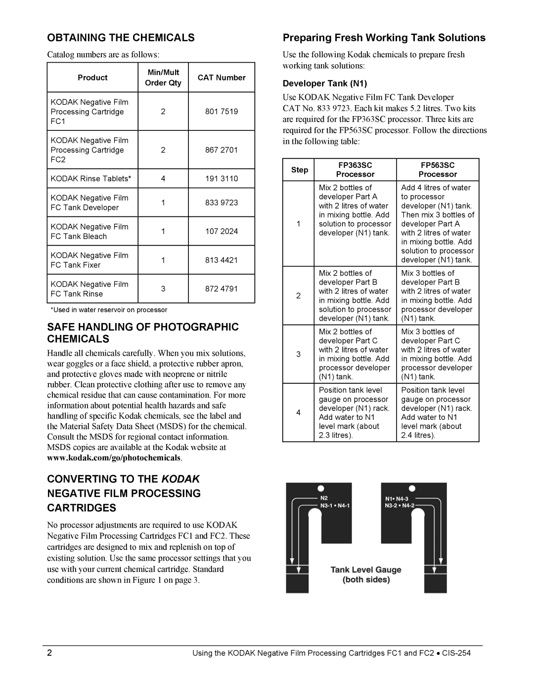 Kodak FC1, FC2 manual Obtaining the Chemicals, Developer Tank N1 