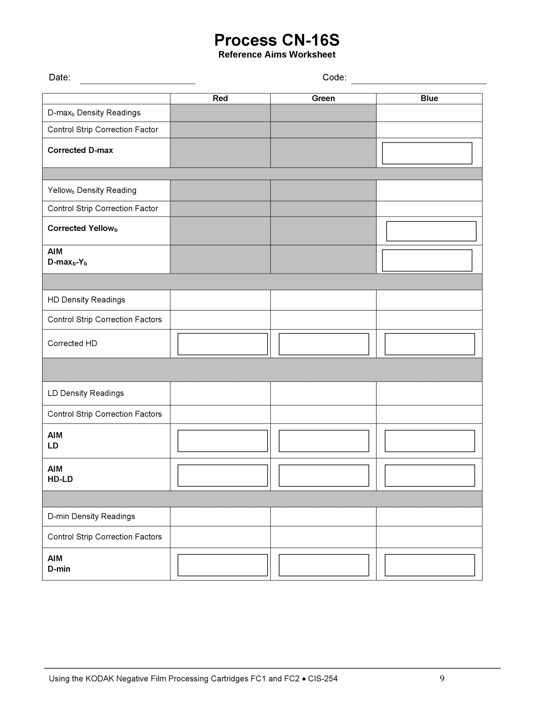 Kodak FC2, FC1 manual Process CN-16S, Reference Aims Worksheet Date Code 