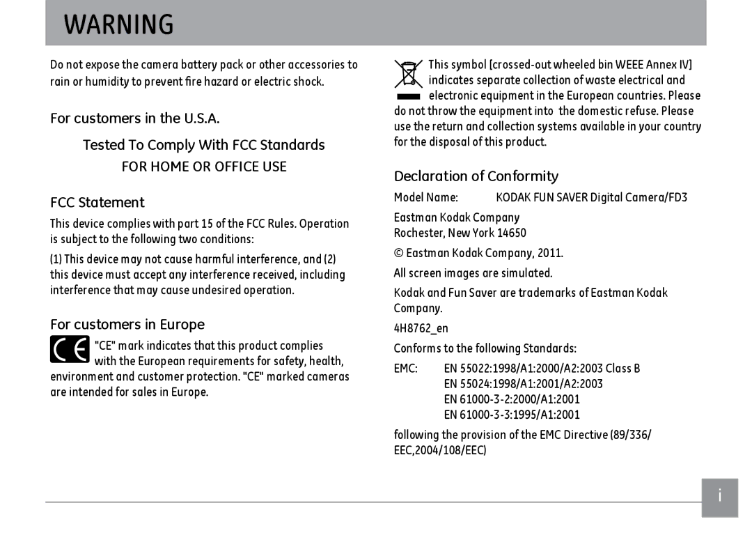 Kodak FD3 appendix FCC Statement, For customers in Europe, Declaration of Conformity 