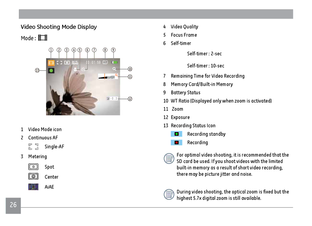 Kodak FD3 appendix Video Shooting Mode Display 