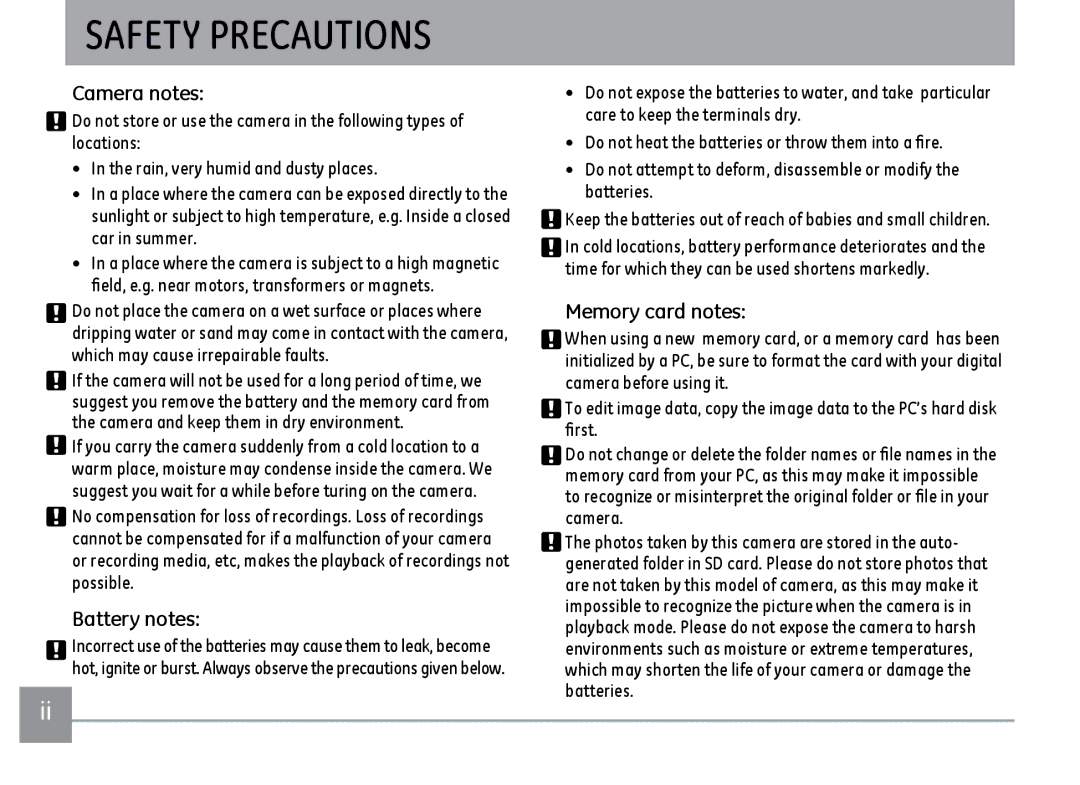 Kodak FD3 appendix Safety Precautions, Camera notes, Battery notes, Memory card notes 