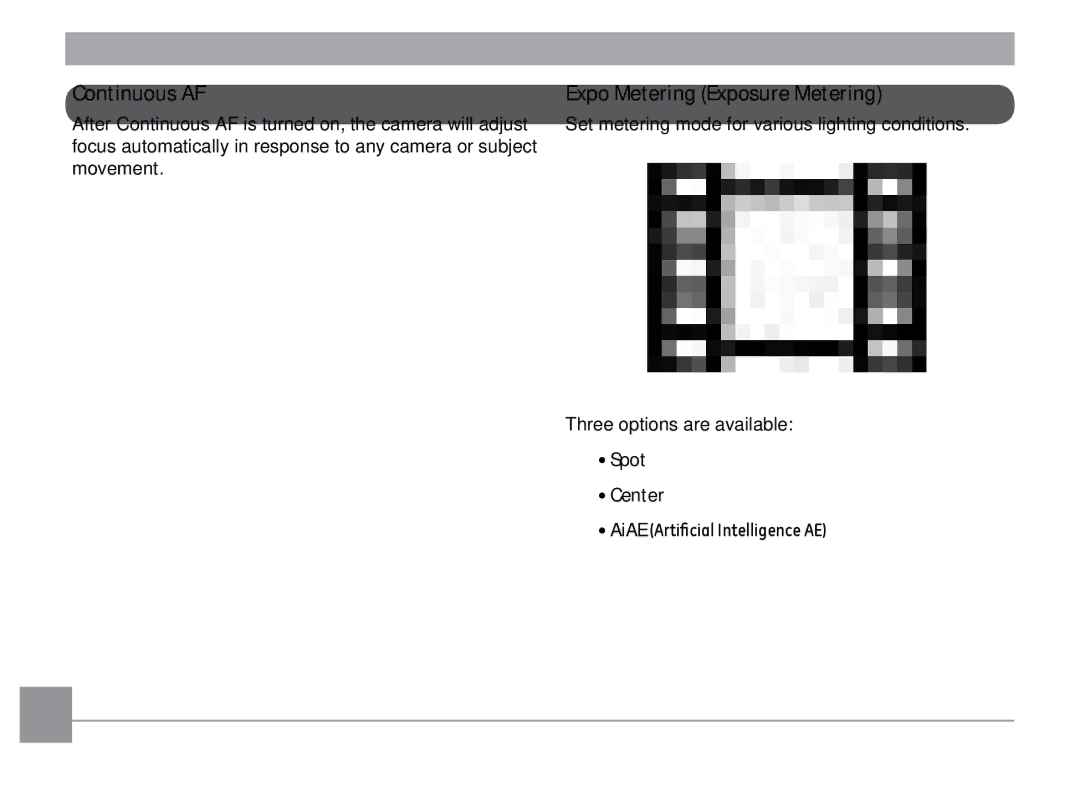 Kodak FD3 appendix Continuous AF Expo Metering Exposure Metering, Spot Center 