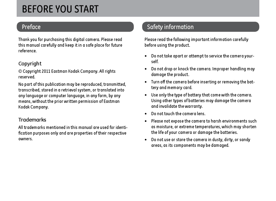 Kodak FD3 appendix Before YOU Start, Preface, Safety information, Copyright, Trademarks 