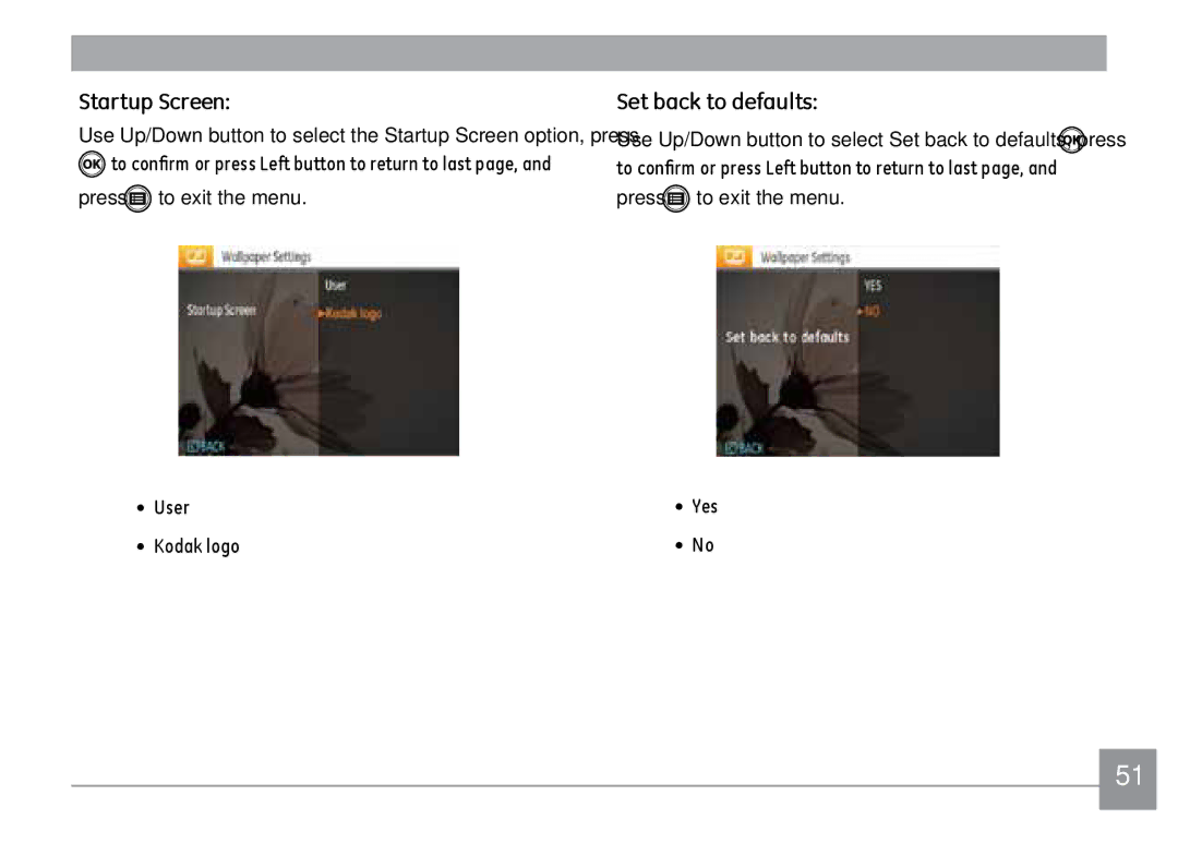 Kodak FD3 appendix Startup Screen, Set back to defaults 