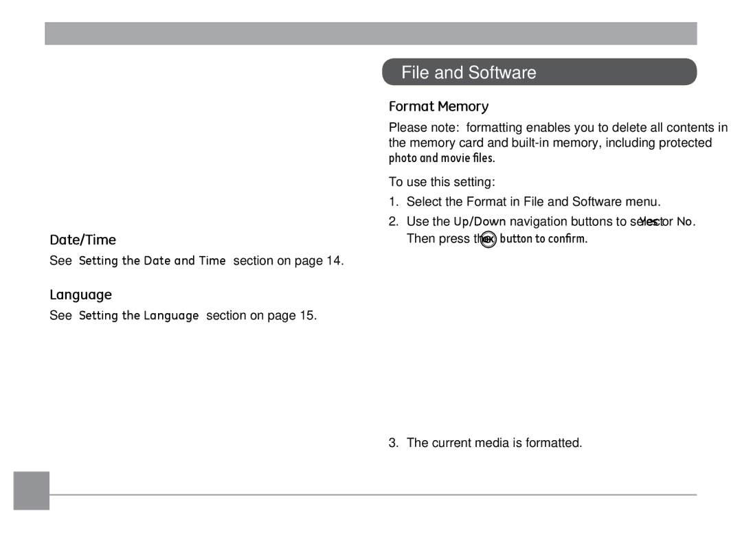 Kodak FD3 appendix File and Software, Format Memory, Date/Time, Language 