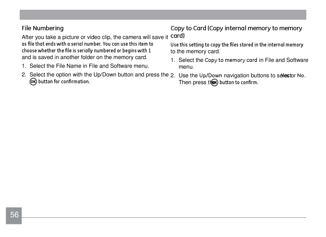 Kodak FD3 appendix File Numbering, Copy to Card Copy internal memory to memory card 