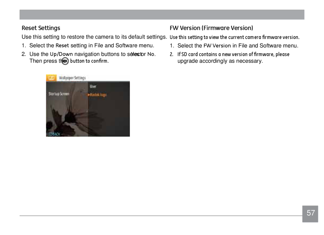 Kodak FD3 appendix Reset Settings, FW Version Firmware Version 