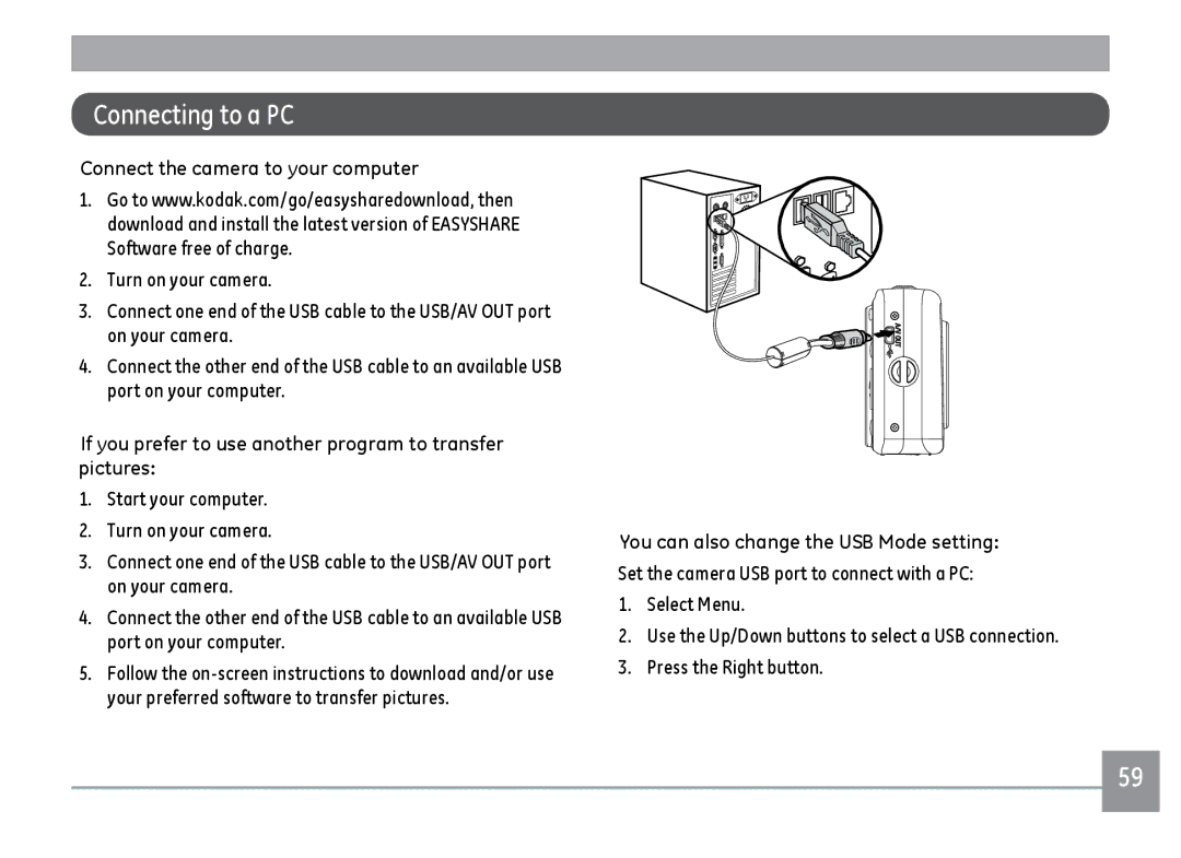 Kodak FD3 appendix Connecting to a PC, Connect the camera to your computer, You can also change the USB Mode setting 