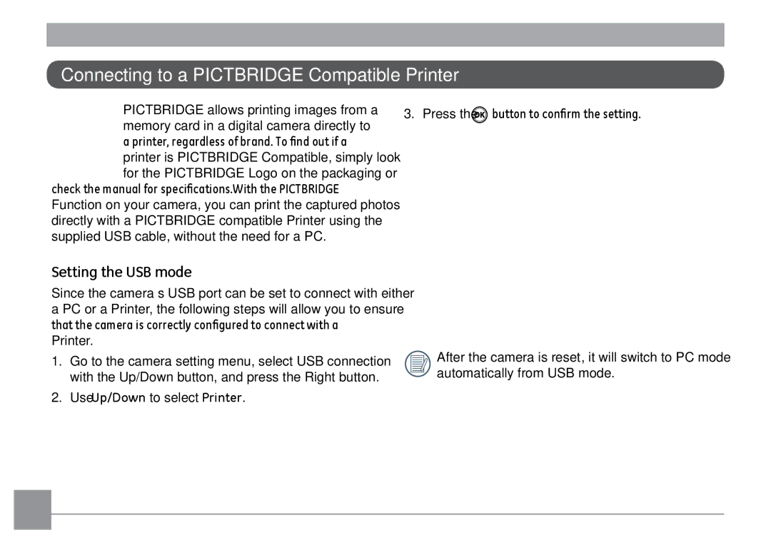 Kodak FD3 appendix Connecting to a Pictbridge Compatible Printer, Setting the USB mode 