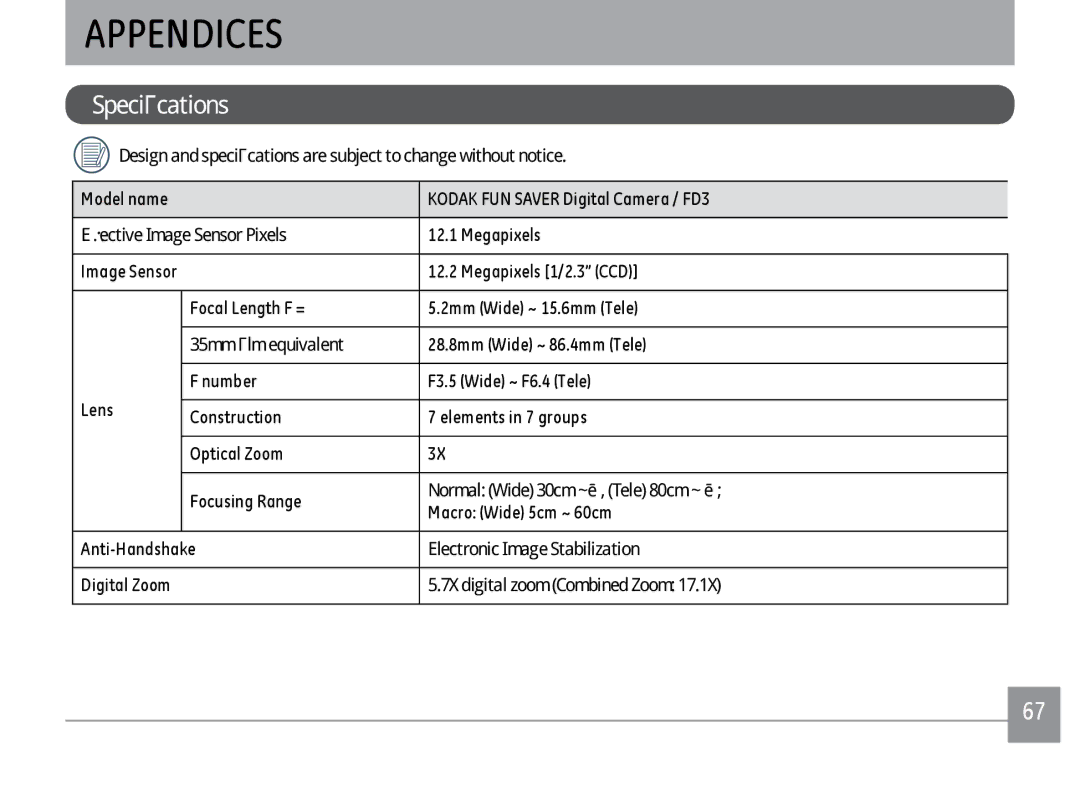 Kodak FD3 appendix Appendices, Specifications 