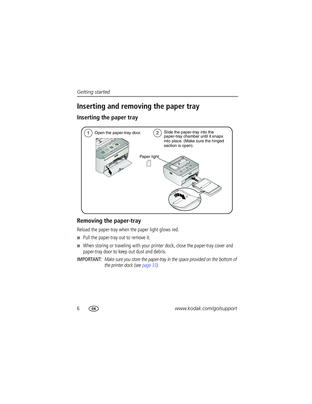 Kodak G600 manual Inserting and removing the paper tray, Inserting the paper tray, Removing the paper-tray 