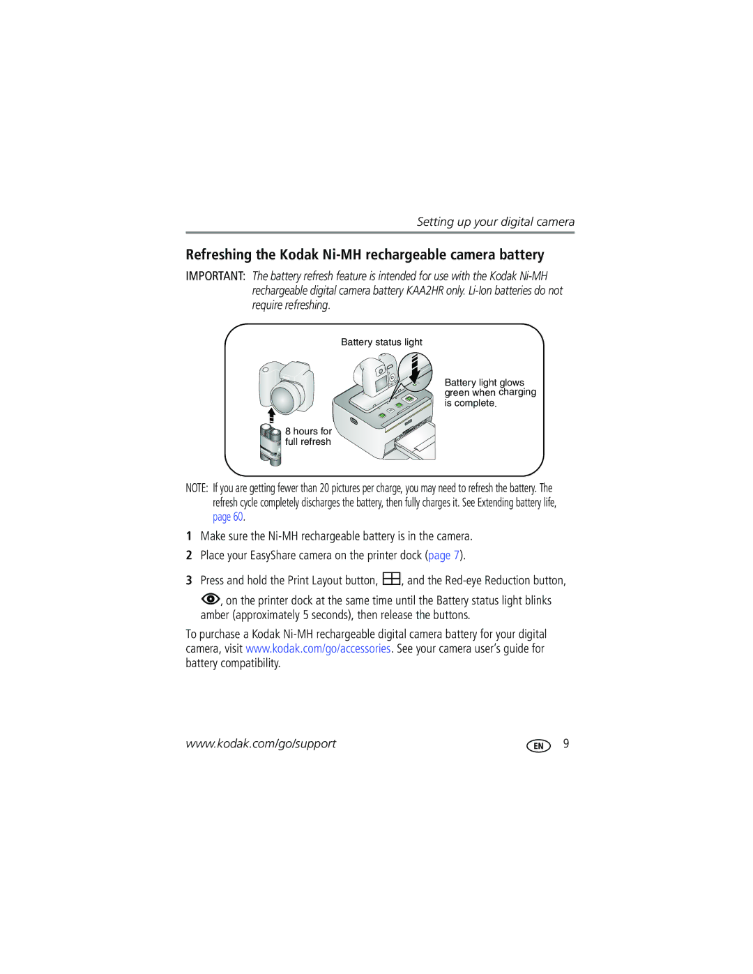 Kodak G600 manual Refreshing the Kodak Ni-MH rechargeable camera battery 