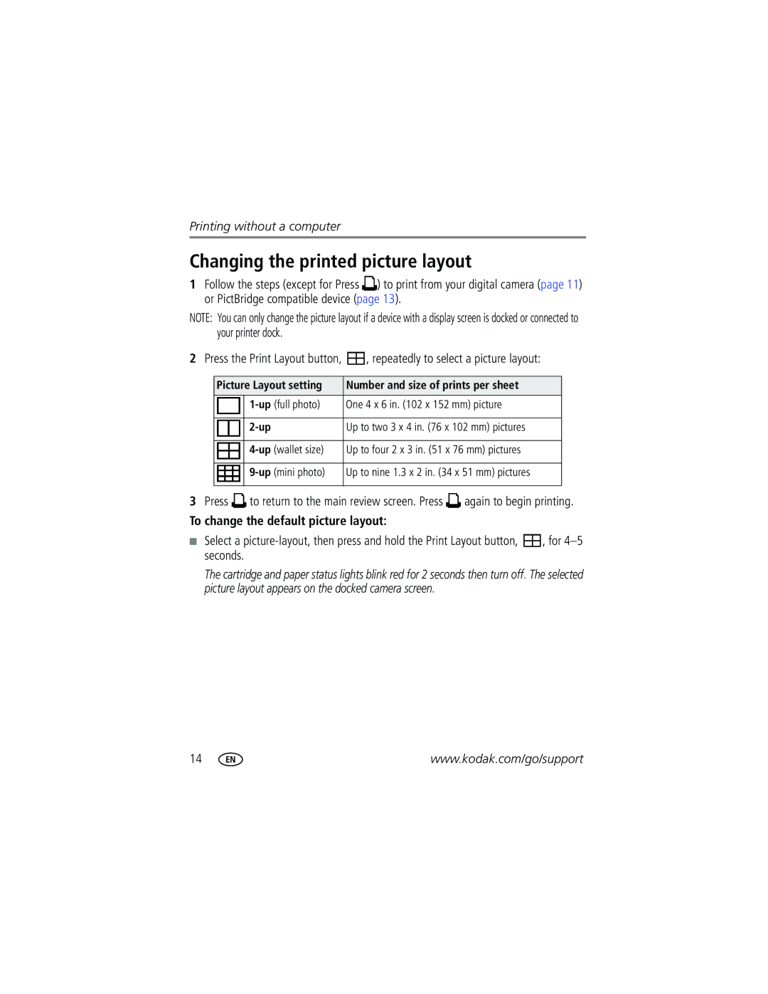 Kodak G600 manual Changing the printed picture layout, To change the default picture layout 