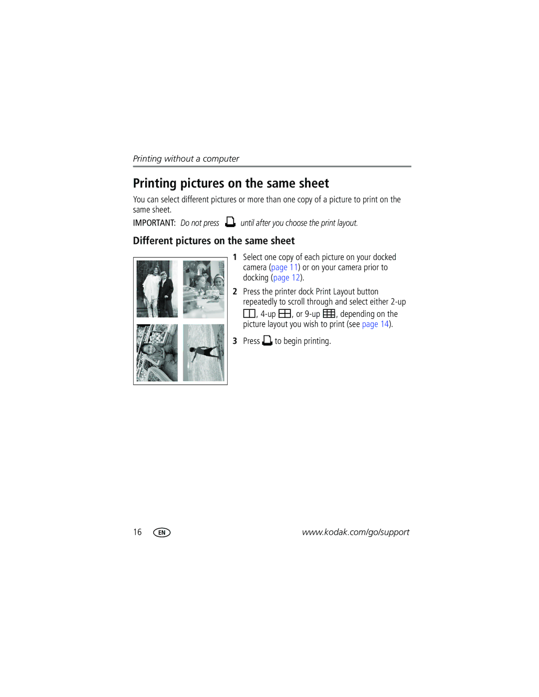 Kodak G600 manual Printing pictures on the same sheet, Different pictures on the same sheet, Press to begin printing 