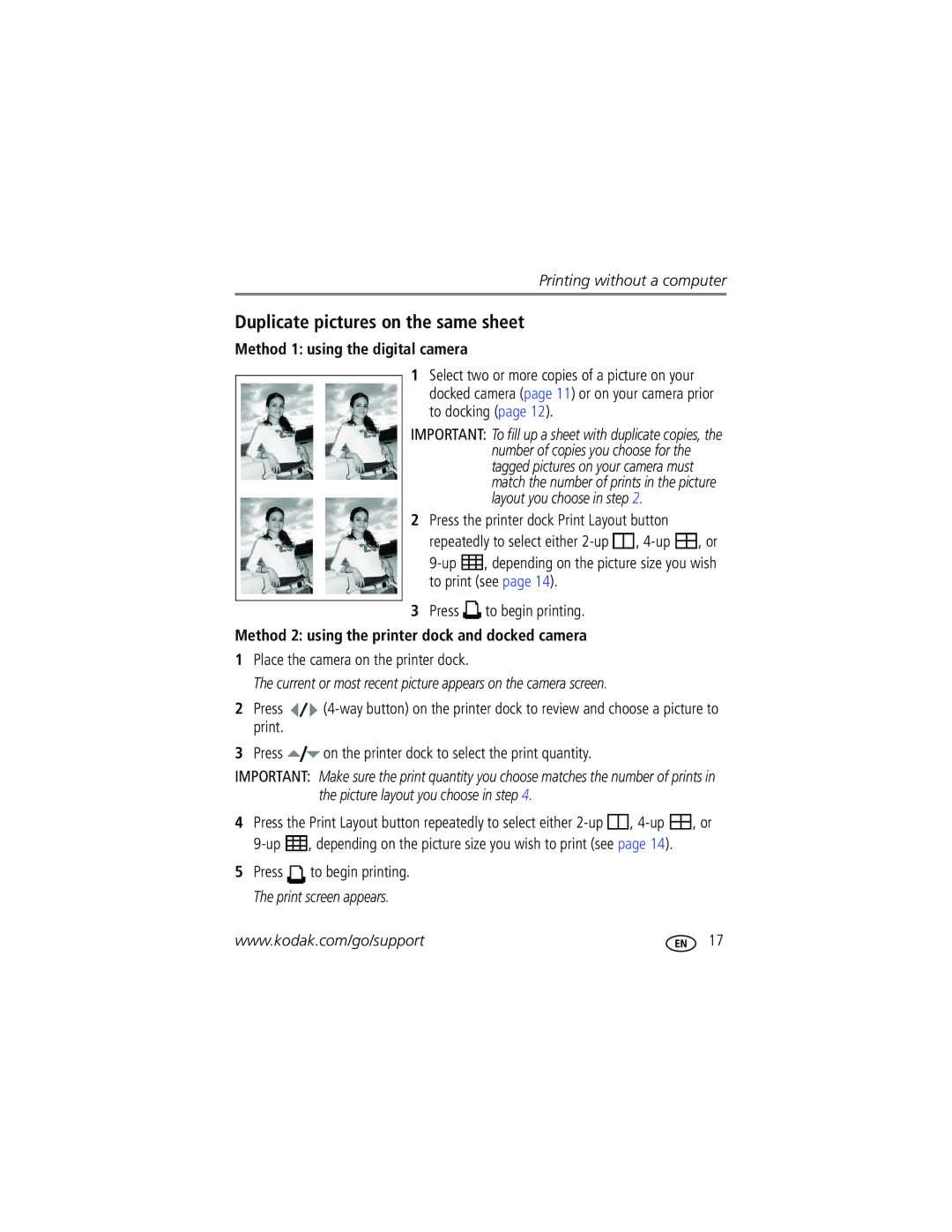 Kodak G600 manual Duplicate pictures on the same sheet, Method 1 using the digital camera 