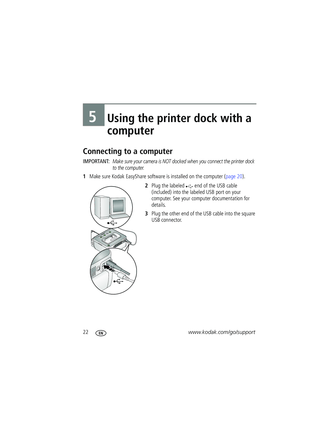 Kodak G600 manual Using the printer dock with a computer, Connecting to a computer, USB connector 