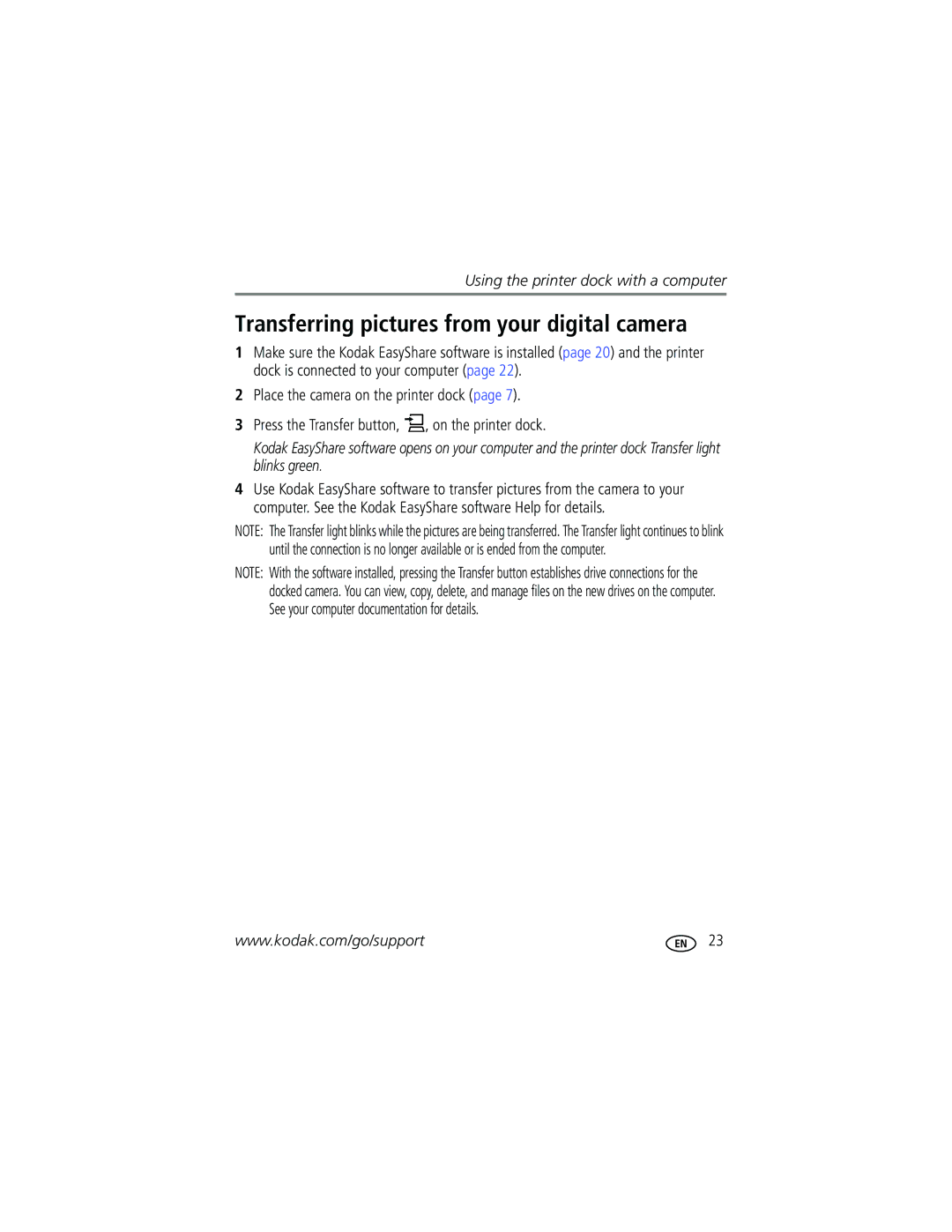 Kodak G600 manual Transferring pictures from your digital camera 