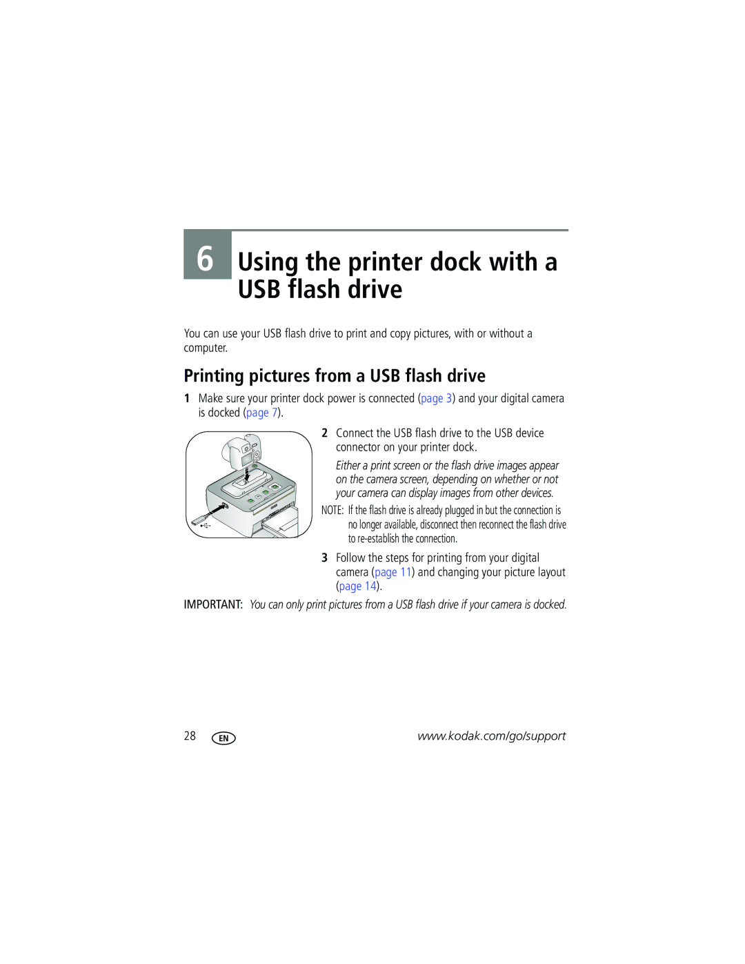 Kodak G600 manual Using the printer dock with a USB flash drive, Printing pictures from a USB flash drive 