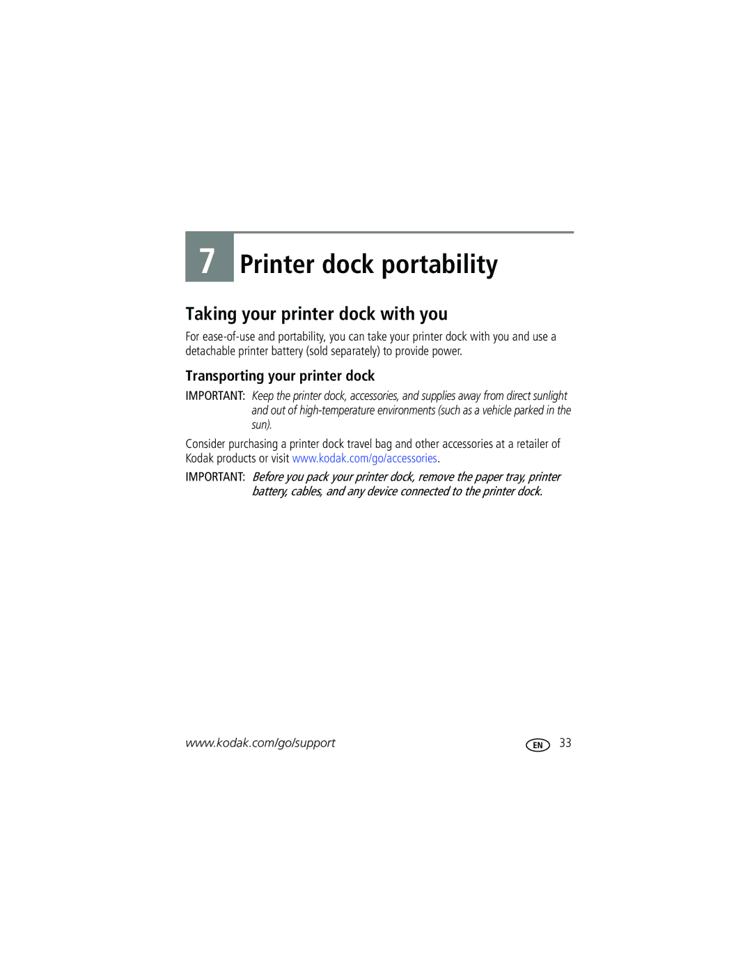 Kodak G600 manual Printer dock portability, Taking your printer dock with you, Transporting your printer dock 