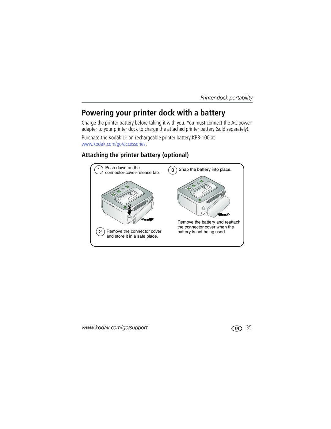 Kodak G600 manual Powering your printer dock with a battery, Attaching the printer battery optional 