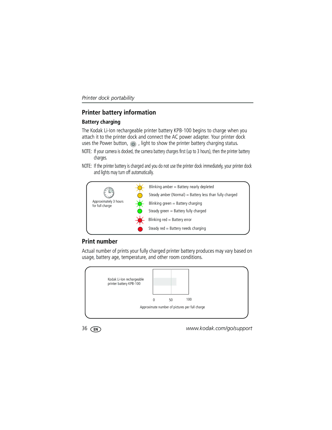 Kodak G600 manual Printer battery information, Print number, Battery charging 