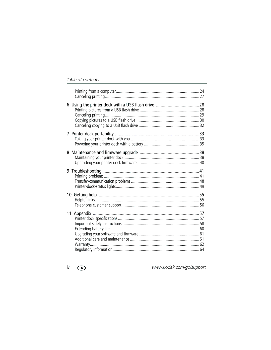 Kodak G600 manual Table of contents 