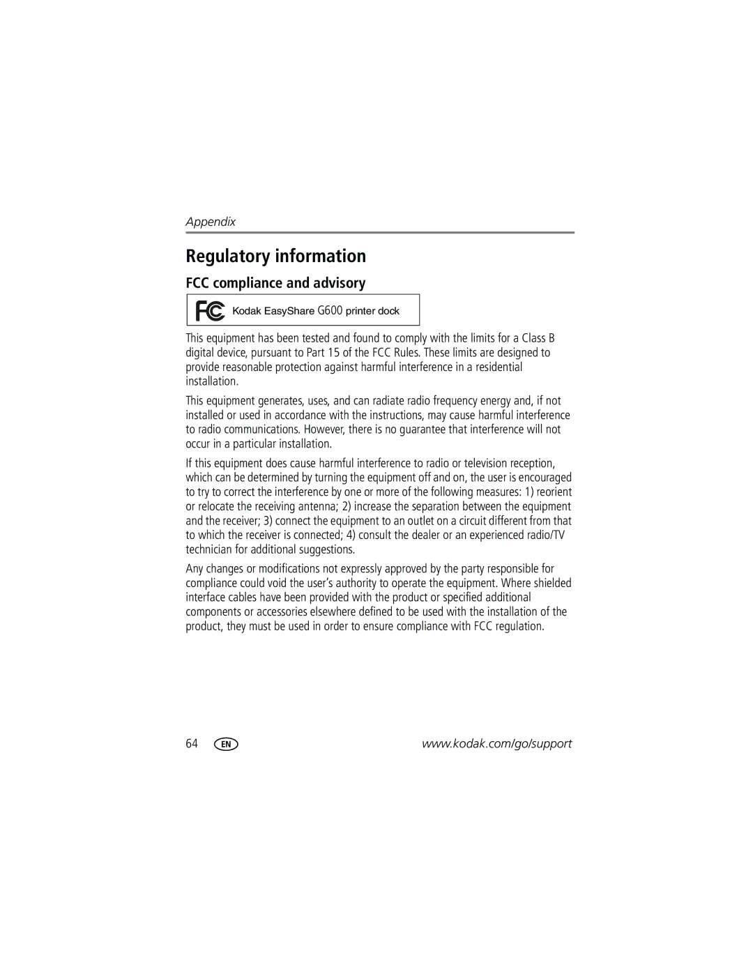 Kodak G600 manual Regulatory information, FCC compliance and advisory 