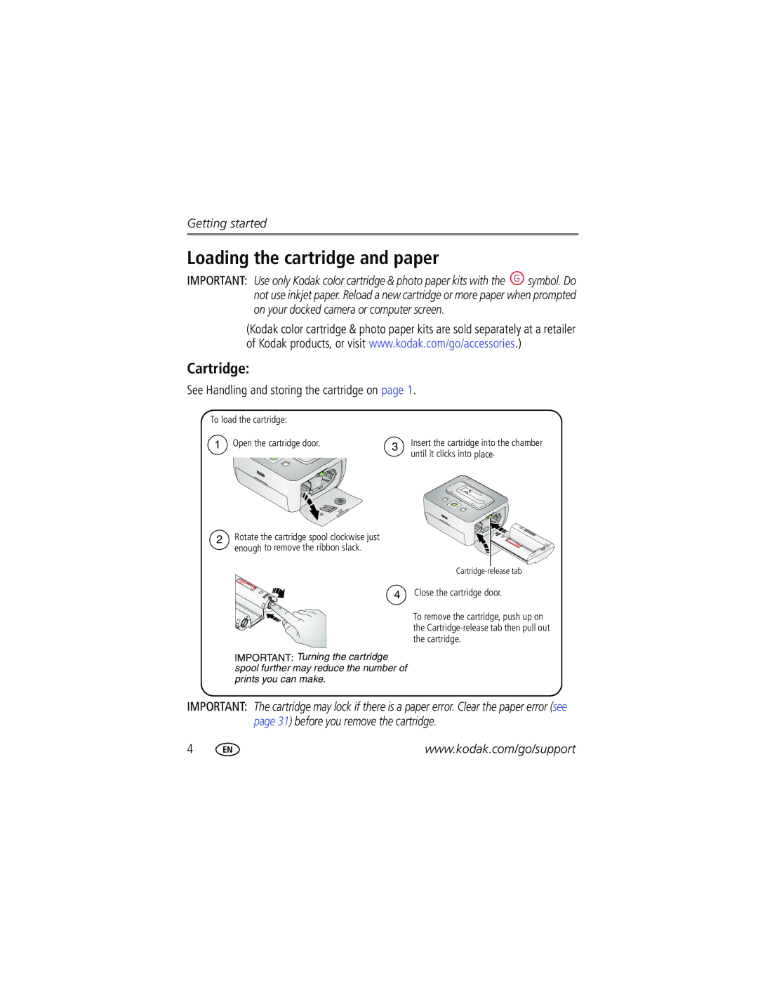 Kodak G610 manual Loading the cartridge and paper, See Handling and storing the cartridge on 