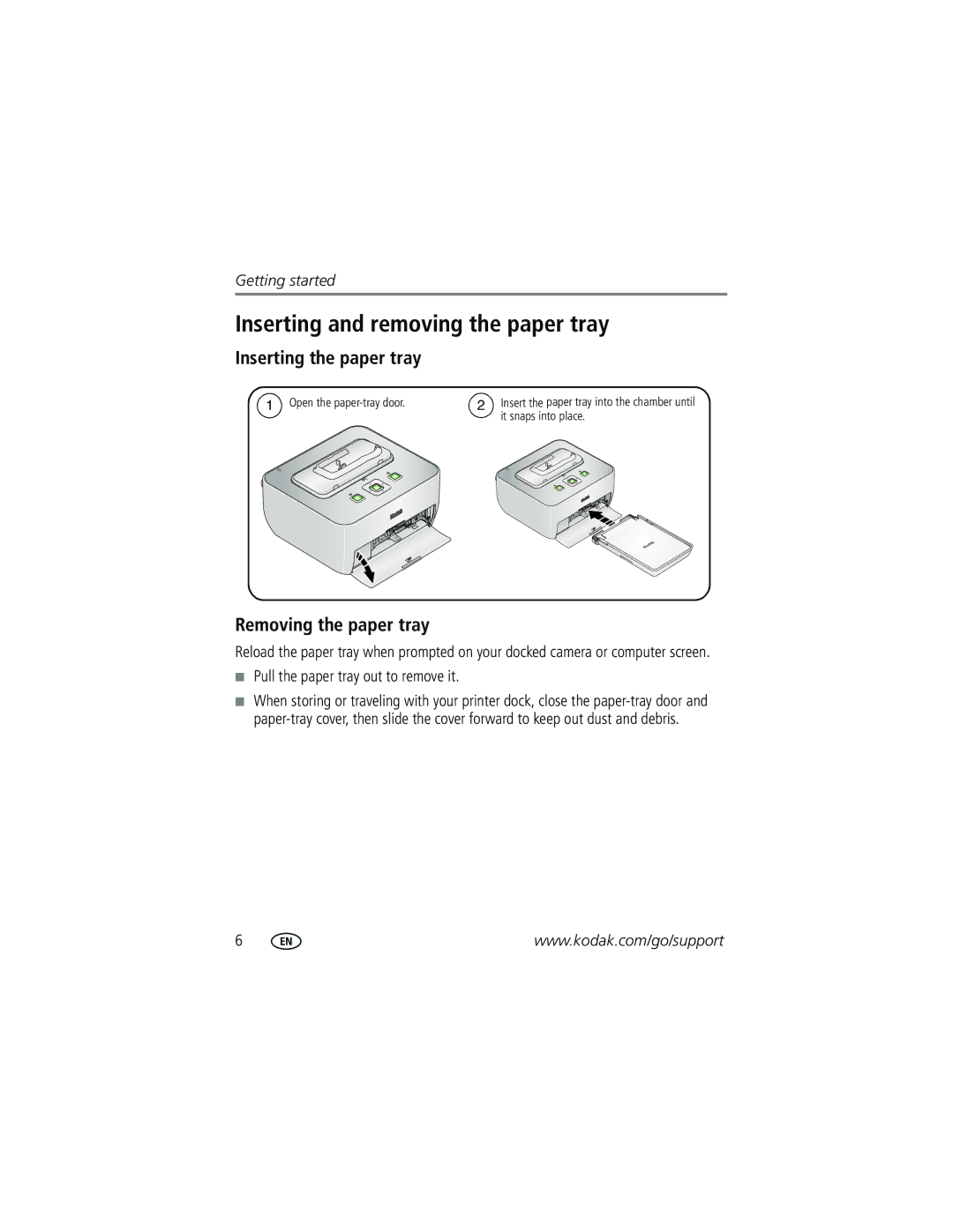 Kodak G610 manual Inserting and removing the paper tray, Inserting the paper tray, Removing the paper tray 