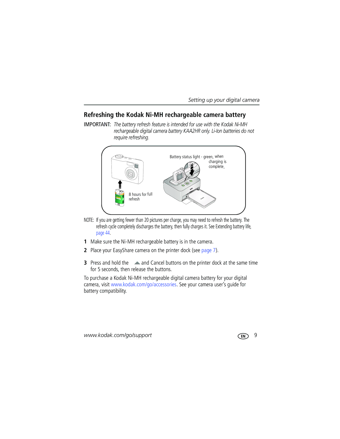 Kodak G610 manual Refreshing the Kodak Ni-MH rechargeable camera battery 