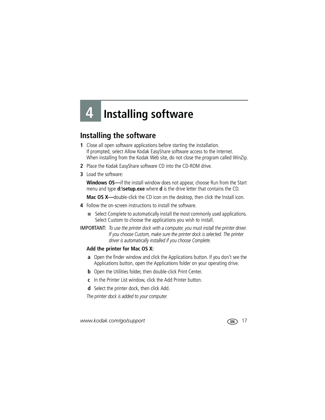 Kodak G610 manual Installing software, Installing the software, Follow the on-screen instructions to install the software 