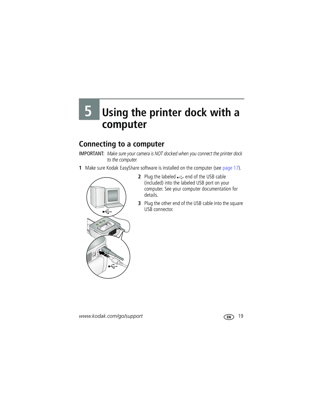 Kodak G610 manual Using the printer dock with a computer, Connecting to a computer, USB connector 