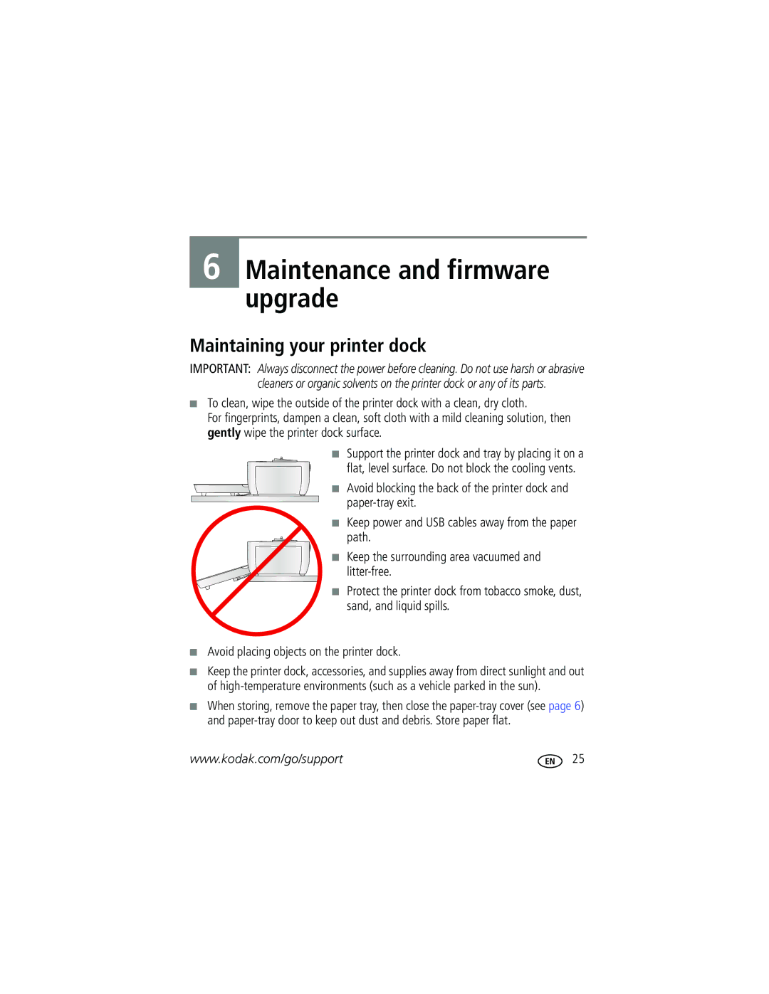 Kodak G610 manual Maintenance and firmware upgrade, Maintaining your printer dock 