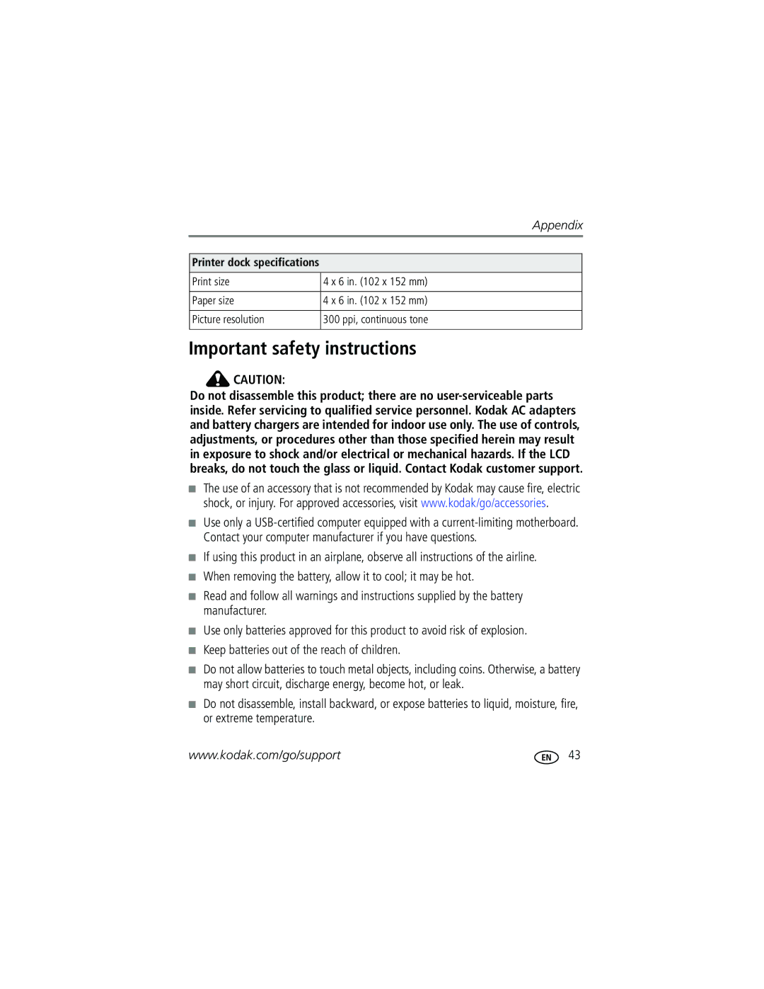 Kodak G610 manual Important safety instructions, Appendix 