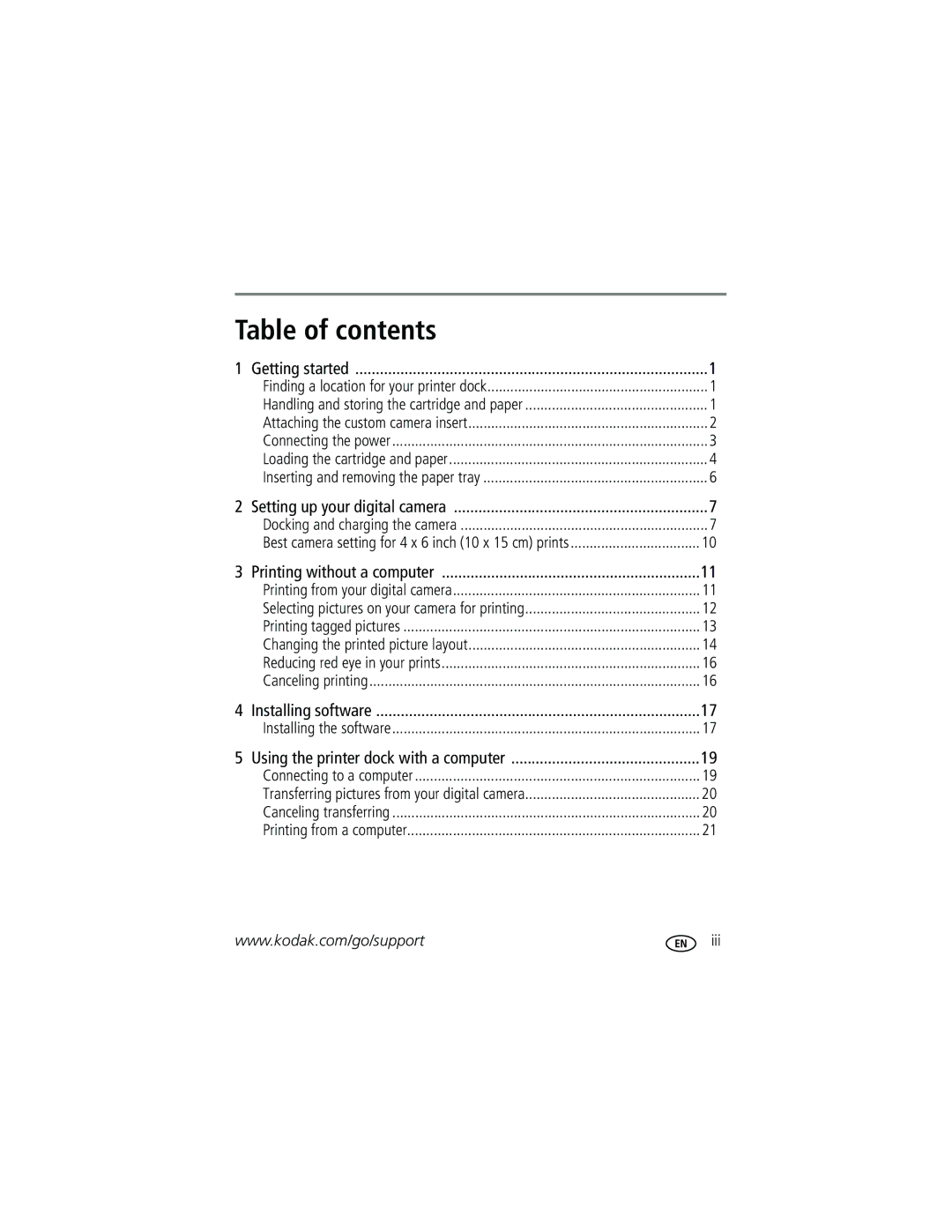 Kodak G610 manual Table of contents 