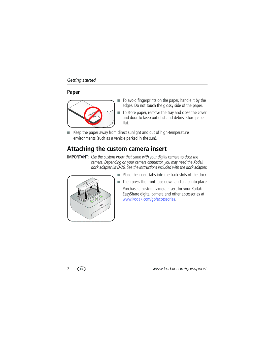 Kodak G610 manual Attaching the custom camera insert, Paper, Place the insert tabs into the back slots of the dock 