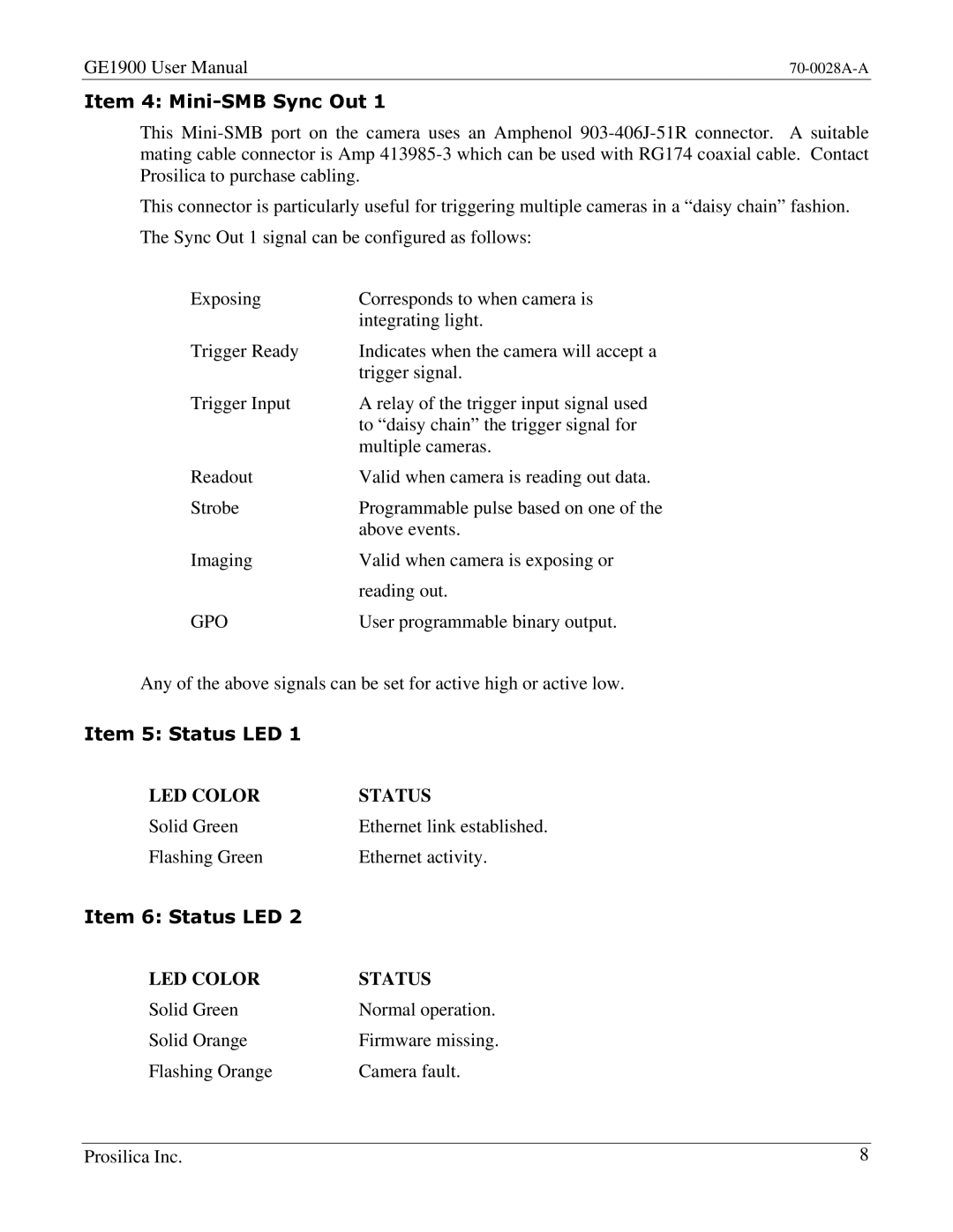 Kodak GE1900C user manual Item 4 Mini-SMB Sync Out, Item 5 Status LED, Item 6 Status LED 