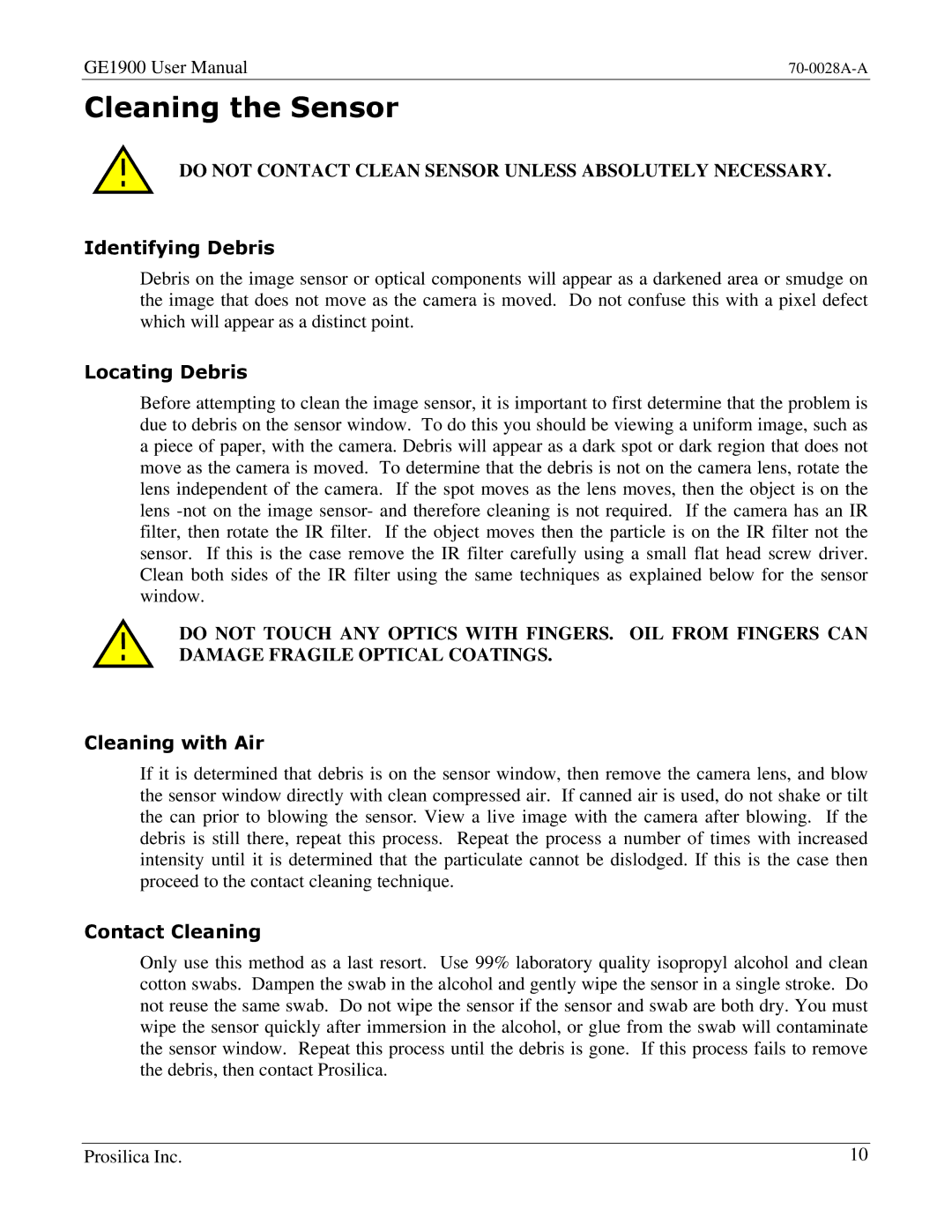 Kodak GE1900C user manual Cleaning the Sensor, Identifying Debris, Locating Debris, Cleaning with Air, Contact Cleaning 