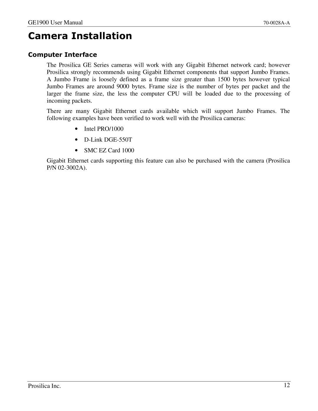 Kodak GE1900C user manual Camera Installation, Computer Interface 