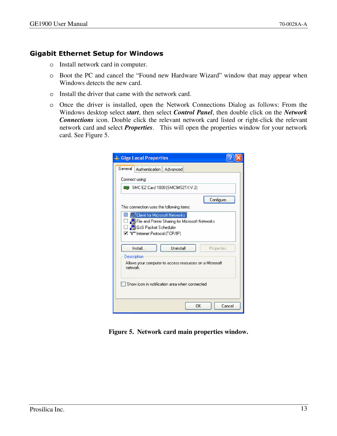 Kodak GE1900C user manual Gigabit Ethernet Setup for Windows, Network card main properties window 