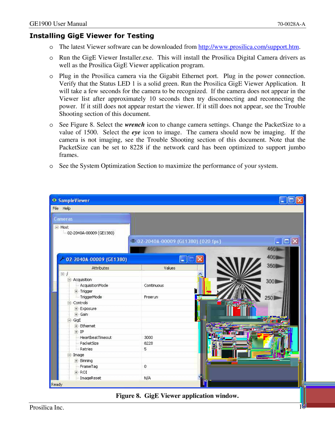 Kodak GE1900C user manual Installing GigE Viewer for Testing, GigE Viewer application window 