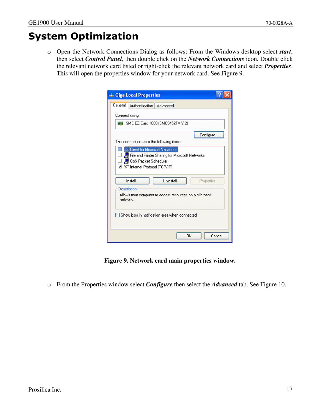 Kodak GE1900C user manual System Optimization, Network card main properties window 