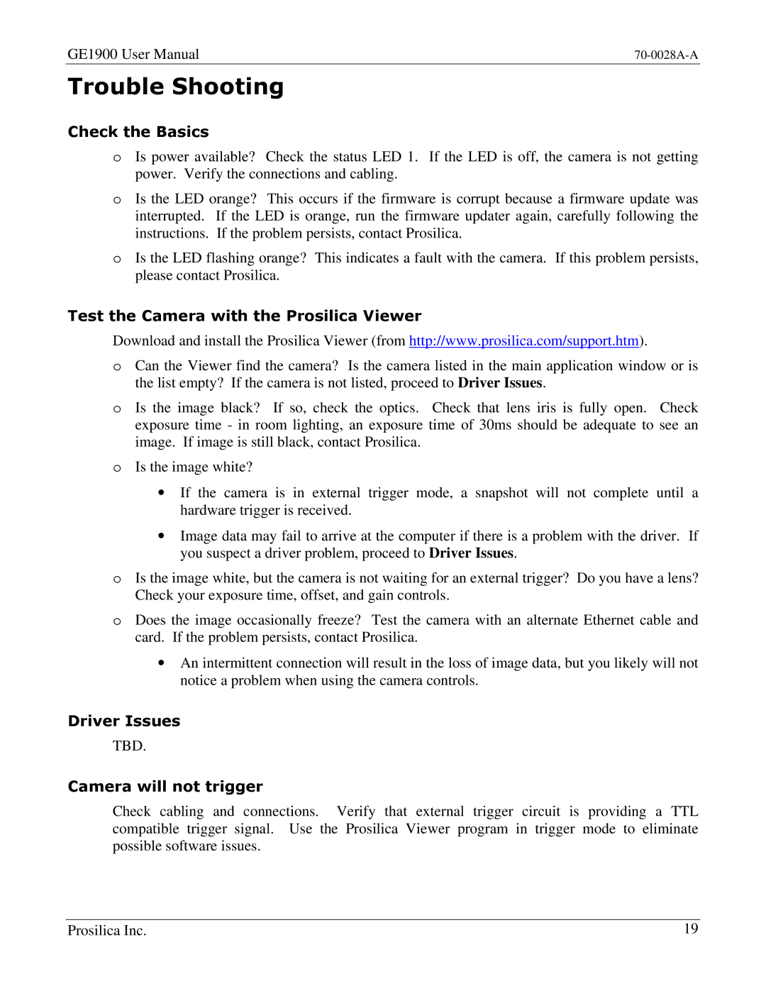 Kodak GE1900C user manual Trouble Shooting, Check the Basics, Test the Camera with the Prosilica Viewer, Driver Issues 