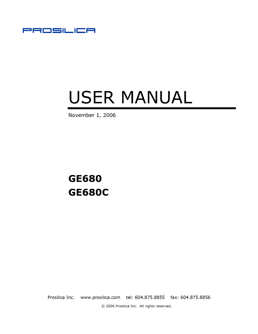 Kodak GE680C user manual Prosilica, November 1 