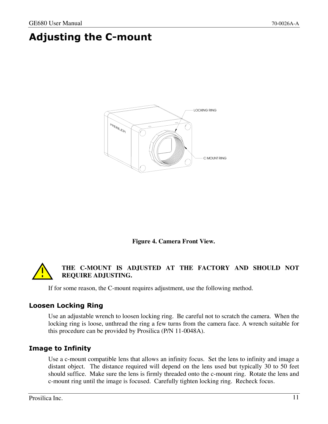 Kodak GE680C user manual Adjusting the C-mount, Loosen Locking Ring, Image to Infinity 